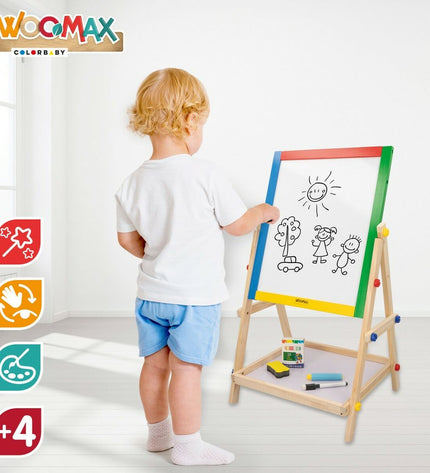 Four Woomax 2-in-1 board toys for creative activities, measuring 37.5 x 65 x 30.5 cm in bright colors.