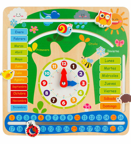 Set of six Colorbaby educational calendar toys, colorful learning playsets, 30x30x3 cm, designed for children’s educational games.