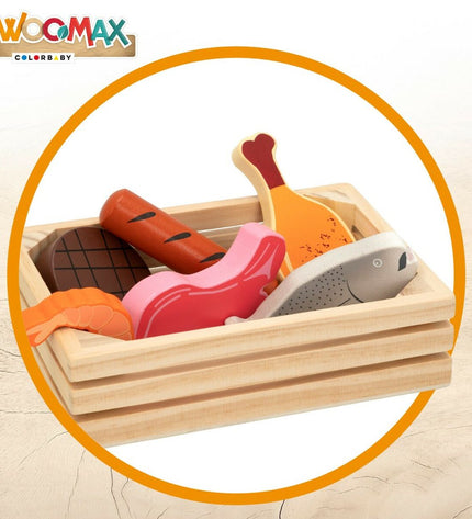 Woomax Eten speelgoedset met 12 onderdelen voor imiteerspelletjes, includes colorful pretend food and utensils for kids' play.