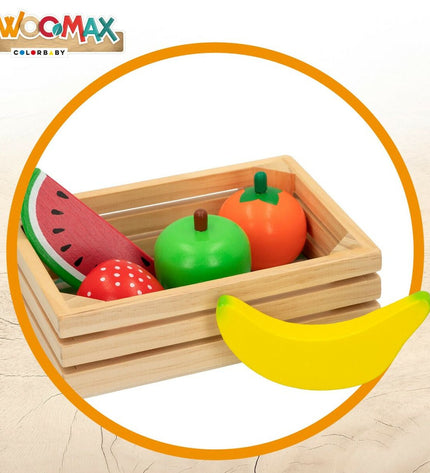Woomax Eten speelgoedset with 12 pieces, includes 4 utensils, for pretend play and imaginative cooking activities.