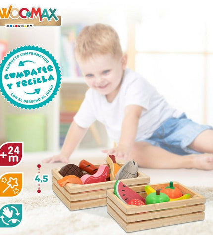 Woomax Eten speelgoedset with 12 pieces, including utensils and food items, for pretend play and imitation games.