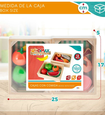 Woomax Eten speelgoedset with 12 pieces, including utensils and food items, designed for imaginative play and role-playing.