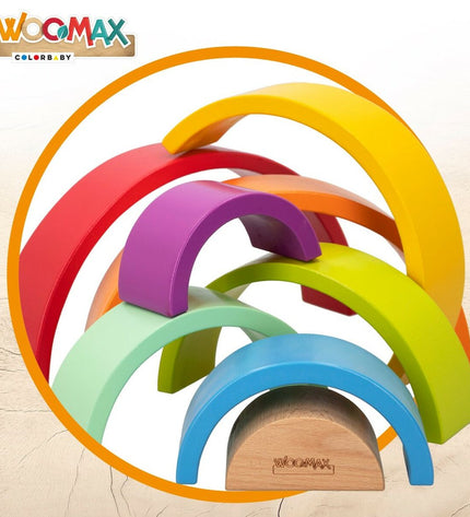 Woomax wooden children's puzzle featuring eight rainbow-shaped pieces in four sets, colorful and designed for young kids.