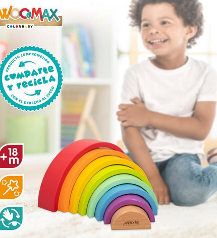 Woomax wooden children's puzzle with 8 rainbow-shaped pieces, colorful and educational for kids' play and learning.
