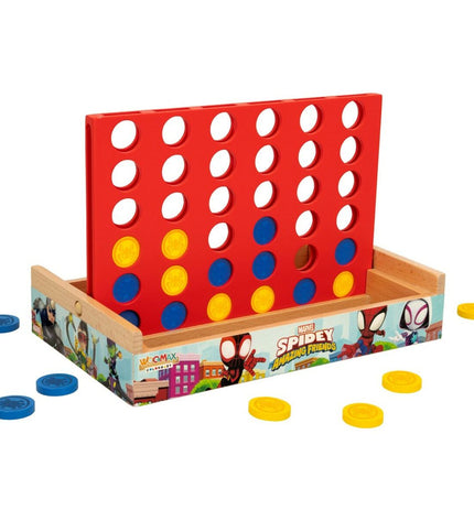 Set of 6 Spidey 4 Op één Rij game toys, measuring 24x16x15 cm, featuring colorful Spidey-themed play accessories.
