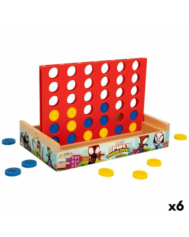 Six Spidey 4-in-1 game icons, colorful plastic toy pieces, in 24x16x15 cm size, for kids' play and game accessories.