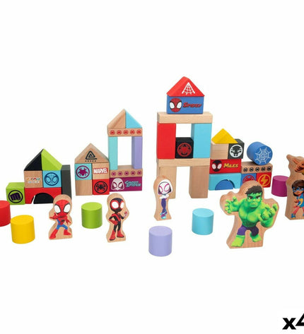 Spidey Amazing Friends playset with 50 pieces, four toy figures, measuring 8x9.5x1.5 cm, for kids' action and pretend play.