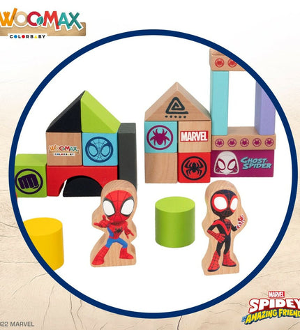 Spidey Amazing Friends playset with 50 pieces, includes 4 figures, colorful toy set measuring 8x9.5x1.5 cm, for kids' play.