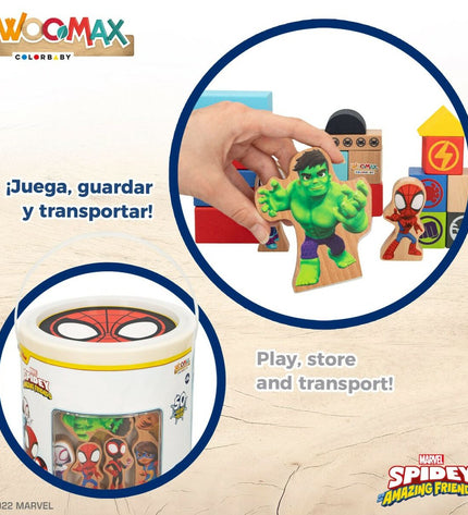 Spidey Amazing Friends playset with 50 pieces, including four action figures, measuring 8 x 9.5 x 1.5 cm, for kids' fun.