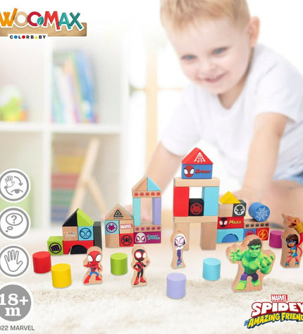 Spidey Amazing Friends playset with 50 pieces including four small figures, colorful accessories, and building components.