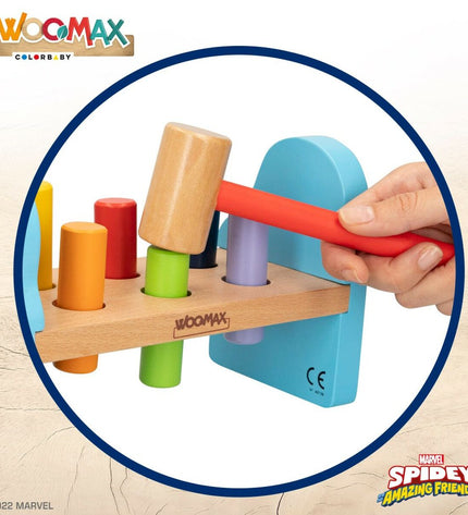Spidey balance game with 8 colorful wooden pieces, designed for young children, measuring 21.5 x 14 x 10.5 cm, set of 6.
