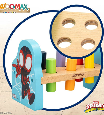 Spidey behendigheidsspel with 8 colorful wooden pieces, designed for young children, measuring 21.5 x 14 x 10.5 cm, set of 6