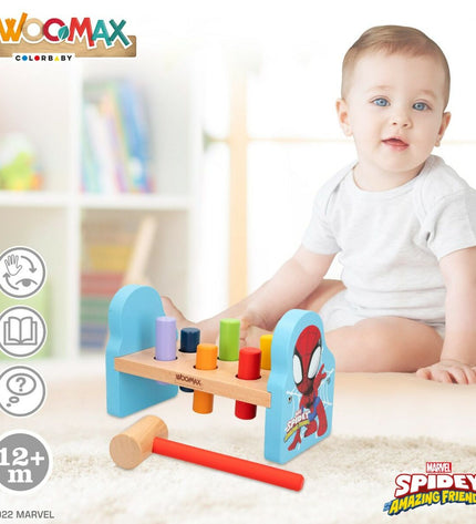 Spidey baby agility game with eight colorful parts, measuring 21.5 x 14 x 10.5 cm, designed for young children's play.