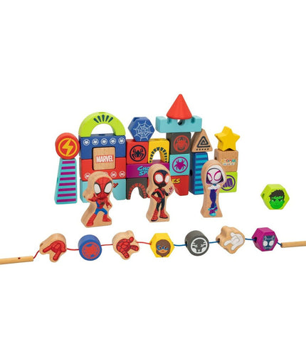 Spidey Bouwspel Spidey 33 onderdelen set with six colorful building pieces for creative play and construction.