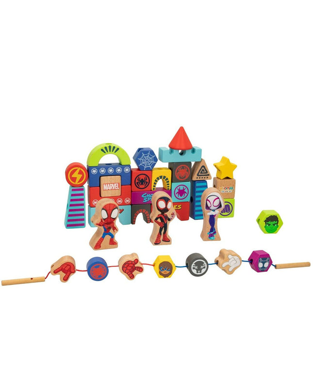 Spidey Bouwspel Spidey 33 onderdelen set with six colorful building pieces for creative play and construction.