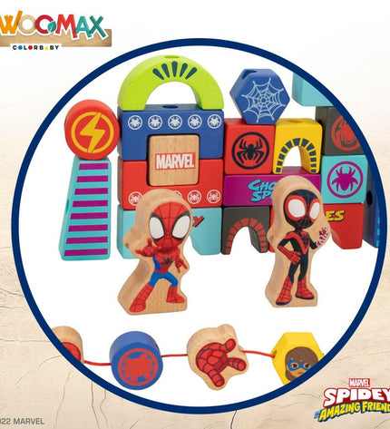Spidey Bouwspel Spidey 33 onderdelen set with six colorful plastic pieces for building and playing.