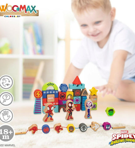 Spidey Bouwspel Spidey 33 onderdelen set with six colorful building pieces, ideal for creative toy and game play.