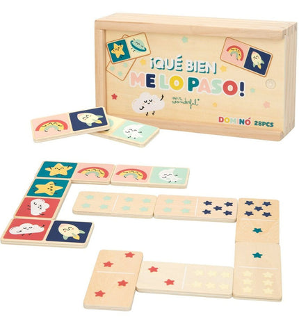 Mr. Wonderful domino set with 12 pieces, colorful and fun wooden dominoes for playing and family entertainment.