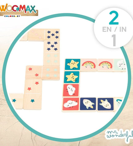 Mr. Wonderful domino set with 12 pieces, colorful wooden game tiles for fun family gameplay and classic domino playing.