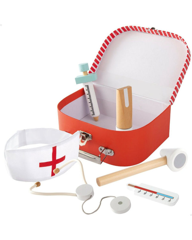 Woomax speelgoed dokterstas with medical accessories, including stethoscope, syringe, and tools, for imaginative play.