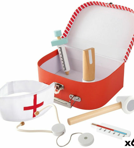 Woomax speelgoed dokterstas with six accessories, pretend play medical kit for children, featuring toy stethoscope, syringe, and more.