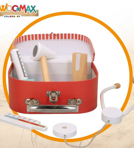 Woomax speelgoed dokterstas with six accessories, including pretend medical tools, for kids’ imaginative play.