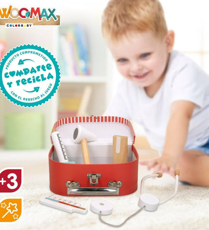 Woomax speelgoed dokterstas with six accessories, including medical tools and equipment for pretend play and role-playing.