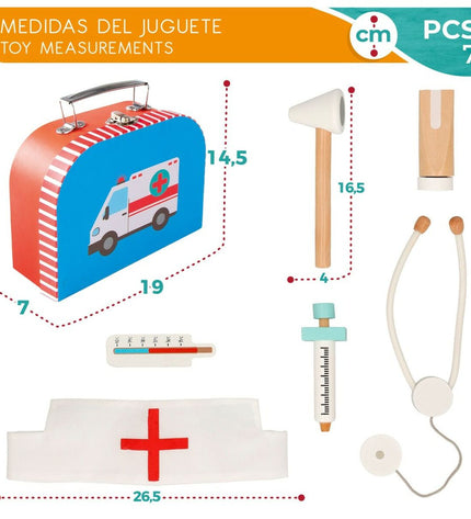 Woomax speelgoed dokterstas with six accessories, including medical tools and a stethoscope, for imaginative role-playing.