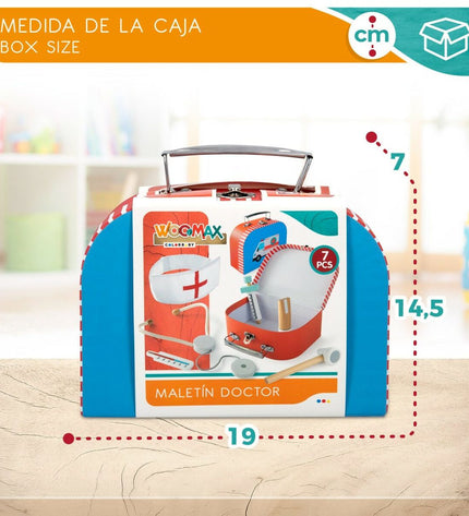 Woomax speelgoed dokterstas with six medical accessories, including stethoscope, syringe, and bandages, for imaginative play.