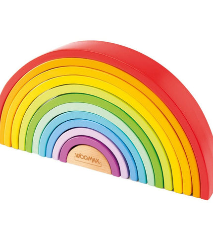 Set of two Woomax wooden children's puzzles featuring colorful rainbow designs with 11 pieces each for early learning fun.