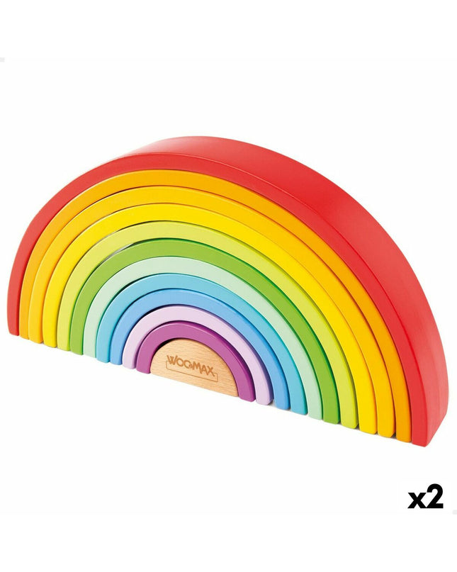Two Woomax wooden children's puzzles featuring rainbow designs with 11 pieces each, suitable for kids' educational play.