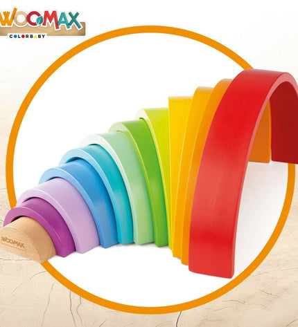 Two Woomax wooden rainbow puzzle sets with 11 colorful pieces each, designed for children’s educational play and brain development.