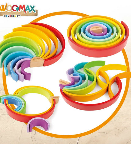 Two Woomax wooden children's puzzles featuring rainbow designs with 11 pieces each, suitable for developing skills.