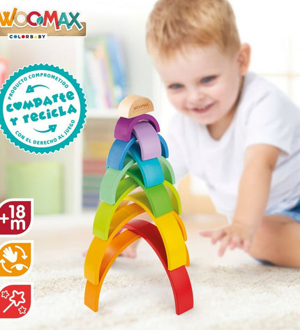 Woomax houten kinderpuzzel regenboog met 11 kleurrijke onderdelen, twee stuks, geschikt voor speelgoed en hersenkrakers.