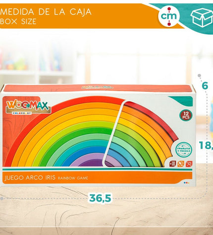 Two Woomax wooden rainbow puzzles with 11 colorful pieces each, designed for children, in playful puzzle form.