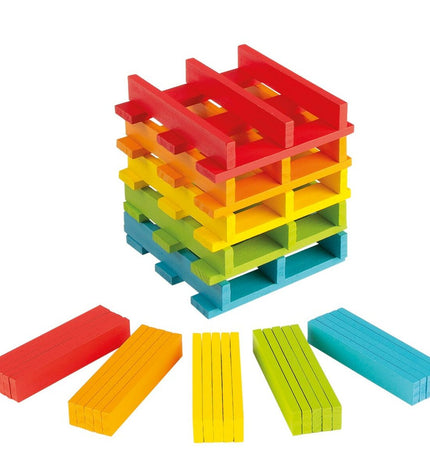 Woomax Blokken Stapelen set with 100 colorful baby building blocks, 10 x 0.5 x 1.8 cm, for young children's play and development.