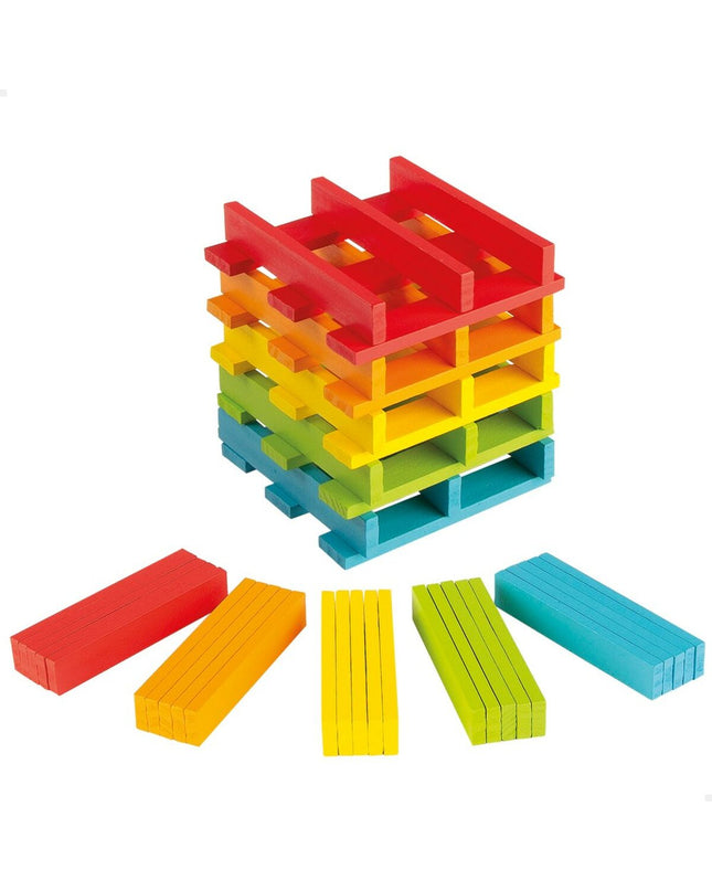 Woomax Blokken Stapelen set with 100 colorful baby building blocks, 10 x 0.5 x 1.8 cm, for young children's play and development.
