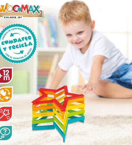 Woomax Blokken Stapelen set with 100 colorful baby wooden blocks in various sizes for young children’s play and stacking fun.