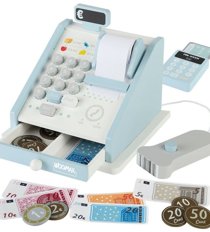 Woomax speelgoedkassa set with 18 parts, including cash register and accessories, in a compact 18x15x18 cm size for imaginative play.