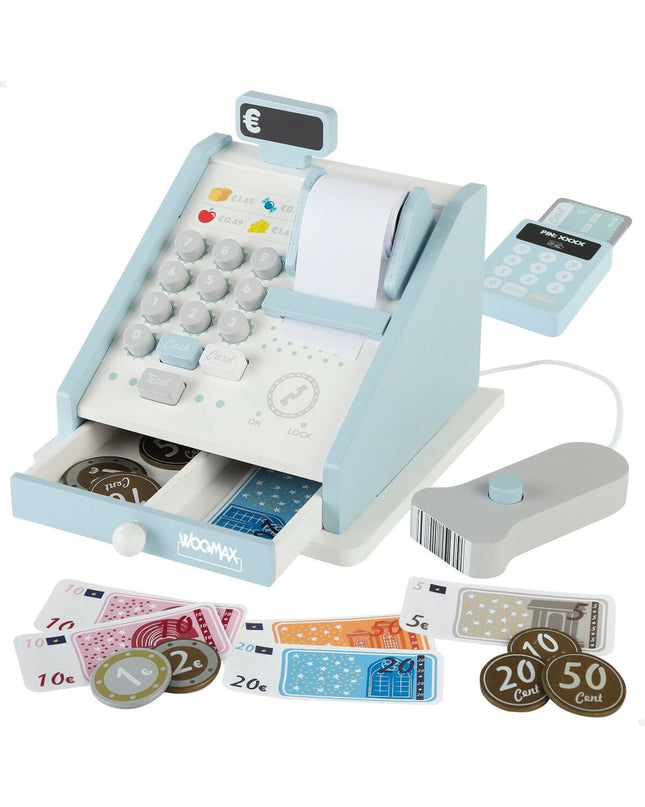 Woomax speelgoedkassa set with 18 parts, including cash register and accessories, in a compact 18x15x18 cm size for imaginative play.