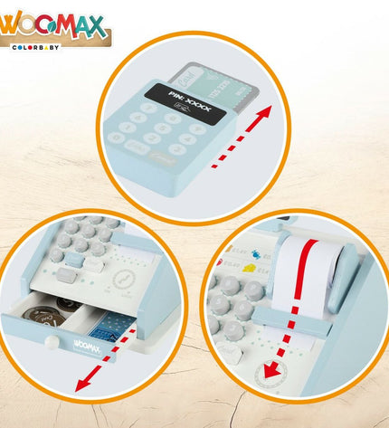 Woomax speelgoedkassa set with 18 pieces, includes cash register and accessories, size 18x15x18 cm, for pretend shopping play