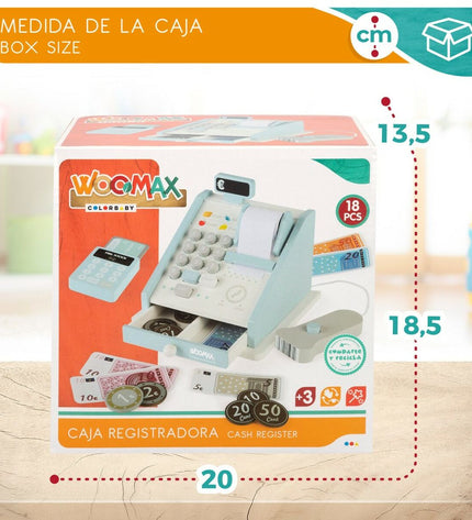 Woomax speelgoedkassa set with 18 parts, includes 4 pieces, measuring 18x15x18 cm, ideal for imaginative play and role-playing.