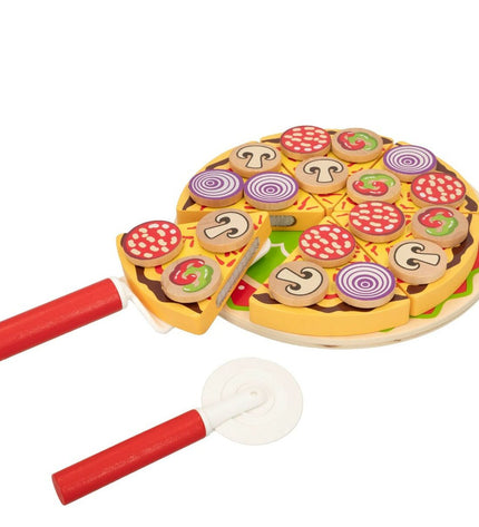 Woomax Pizza wooden play set with 27 pieces for kids, includes various pizza toppings and accessories for imaginative pretend play.