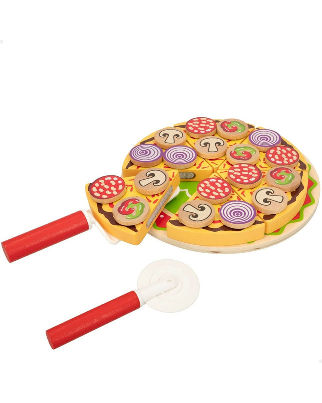 Woomax Pizza wooden play set with 27 pieces for kids, includes various pizza toppings and accessories for imaginative pretend play.