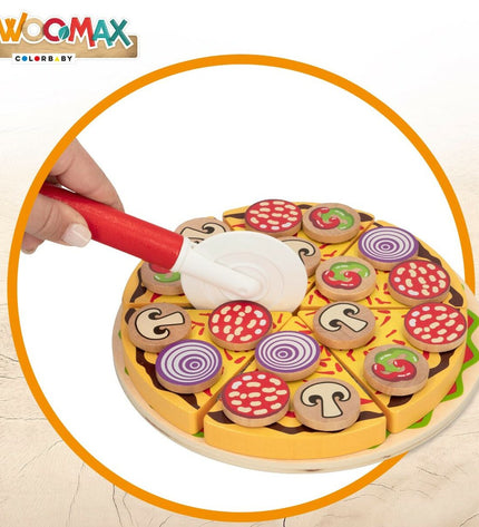 Woomax houten pizza speelgoed met 27 onderdelen, inclusief pizza, toppings en accessoires voor fantasierijk imiteerspel