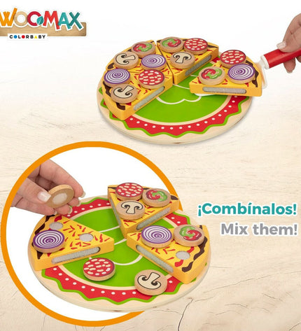 Woomax Pizza wooden play set with 27 pieces, including toppings and accessories for pretend cooking and role-playing.