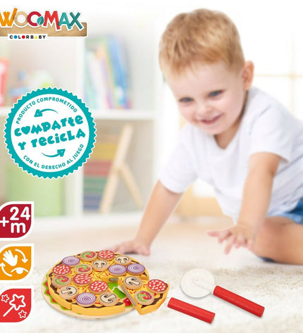 Woomax houten pizza speelgoed met 27 onderdelen, inclusief 6 stukken, voor kinderen, imiteerspel in speelgoed en games.