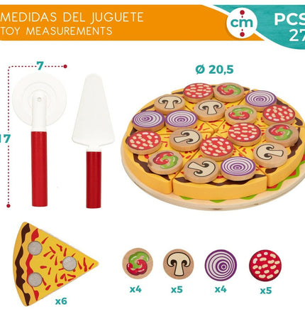 Woomax houten pizza set with 27 pieces, including toppings and accessories, for imaginative play and pretend cooking.