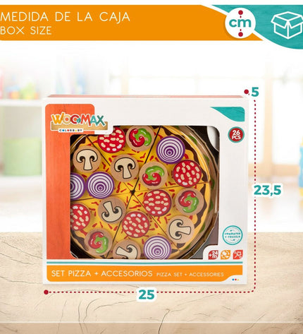 Woomax houten pizza set with 27 pieces including toppings and tools, for imaginative play in a toy and game pretend food set.