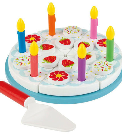 Set of six wooden Woomax Tarta 26 toy components for imaginative play, featuring natural wood textures and colorful details.